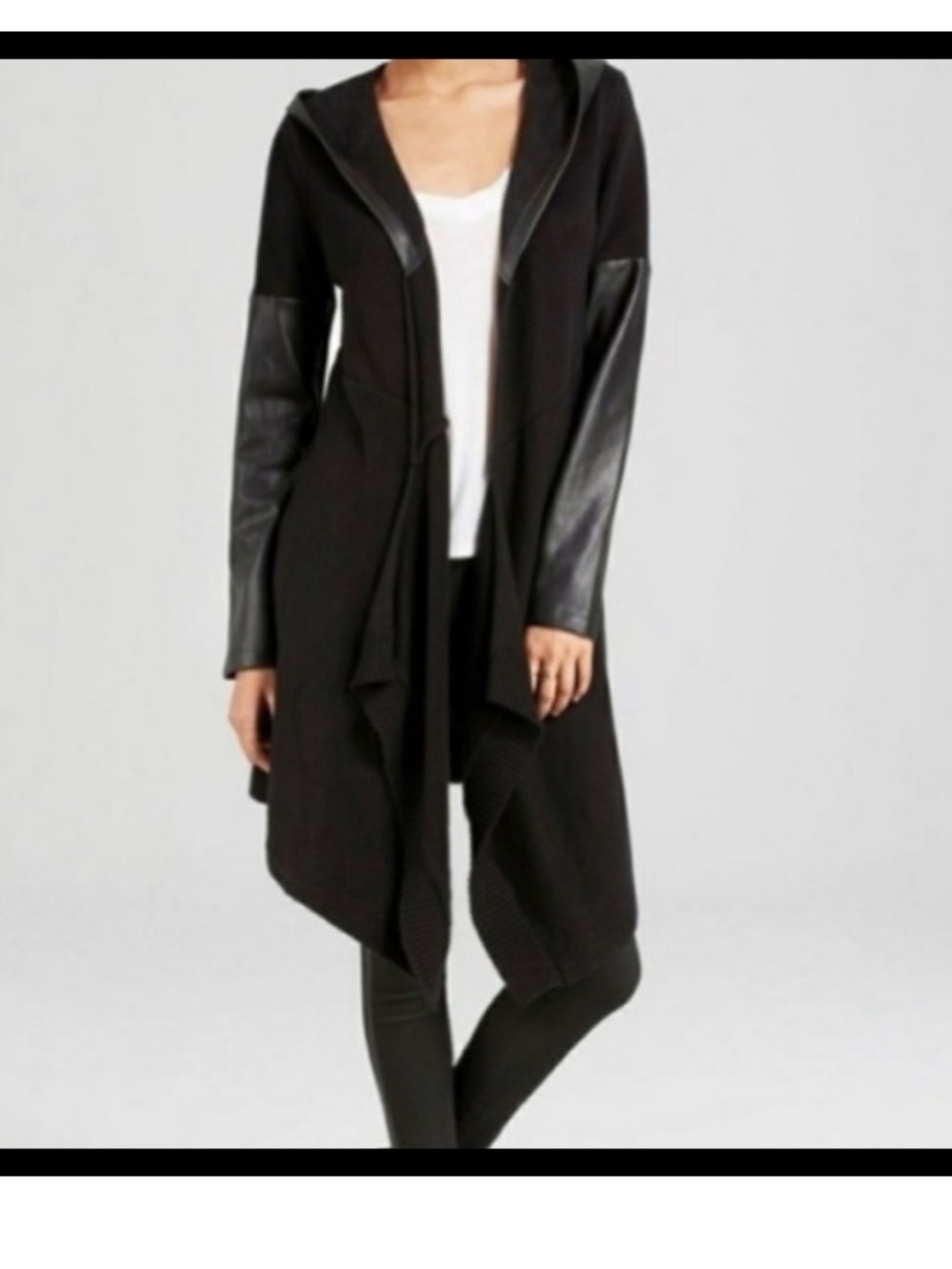 BLANKNYC Black Faux Vegan Leather Trim Long Hooded Jacket,small